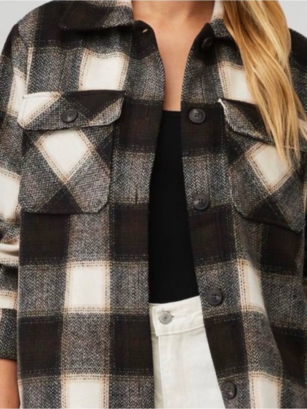 BB Dakota Plaid Utility Shacket Jacket - Black & Cream, Size Medium